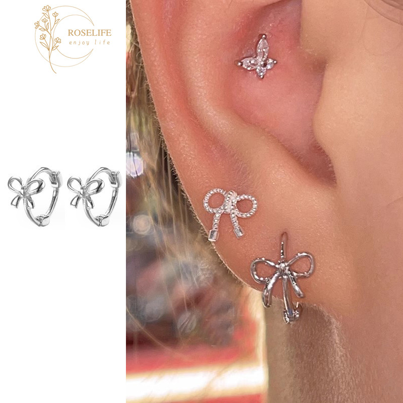 Roselife 1 คู่ S925 เงินโบว์รอบ Hoop ต่างหูสําหรับผู้หญิงสาว Bowknot Hypoallergenic รอบหูเครื่องประดับอุปกรณ์เสริม