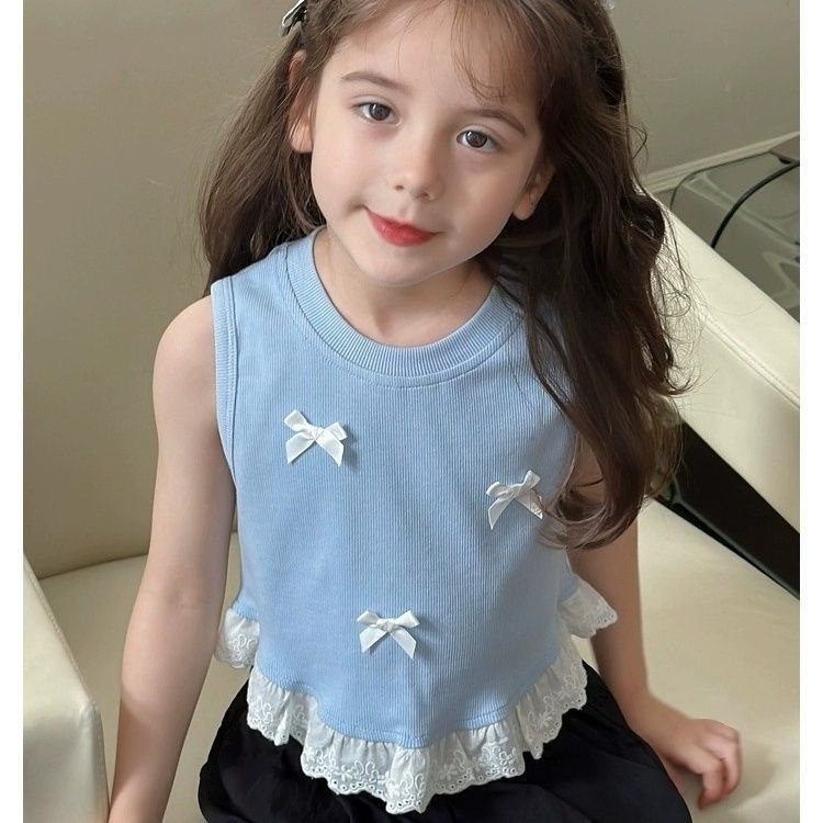 น่ารักริบบิ้นลูกไม้ออกแบบเสื้อแขนกุดสไตล์เกาหลีสําหรับเด็กผู้หญิงเหมาะกับเด็กผู้หญิง OOTD 1-8 ปี