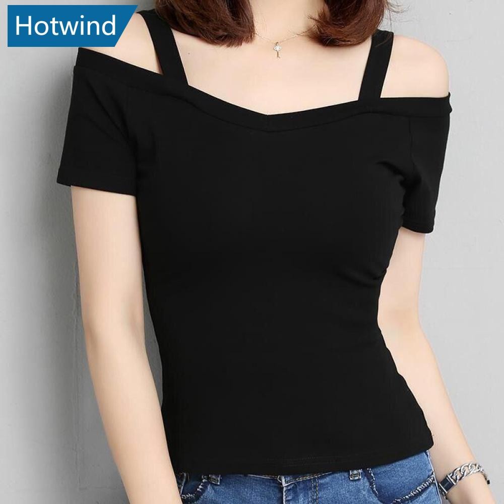 Hw เวอร์ชั่นเกาหลีสีดํา L สายคล้องไหล่แขนสั้นเสื้อยืดหญิงคอปิดไหล่แฟชั่น V6X2