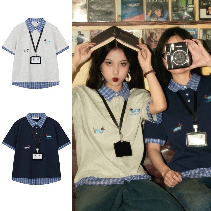 Asrv อเมริกันย้อนยุคลูกสุนัขลายปักลายสก๊อตเสื้อโปโลฤดูร้อนหลวมผู้ชายและผู้หญิงผ้าฝ้ายแท้
