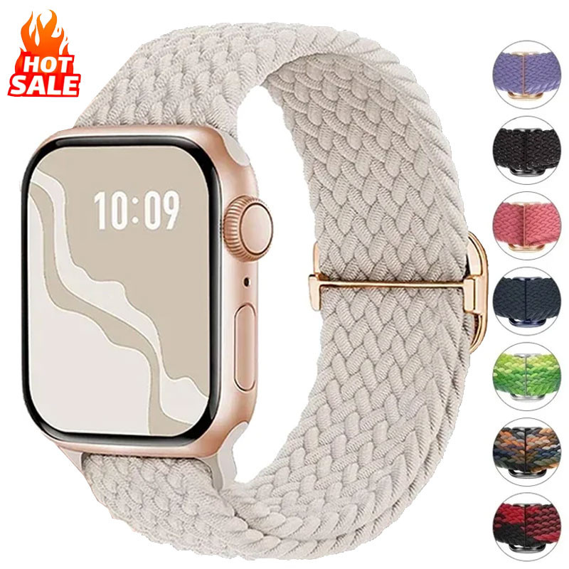 ถัก Solo Loop Band ไนลอนยืดหยุ่นสร้อยข้อมือสําหรับ Apple watch Ultra S10 46 มม.40 มม.44 มม.41 มม.38 มม.49 มม.45 มม.IWatch series 10 9 8 7 3 se