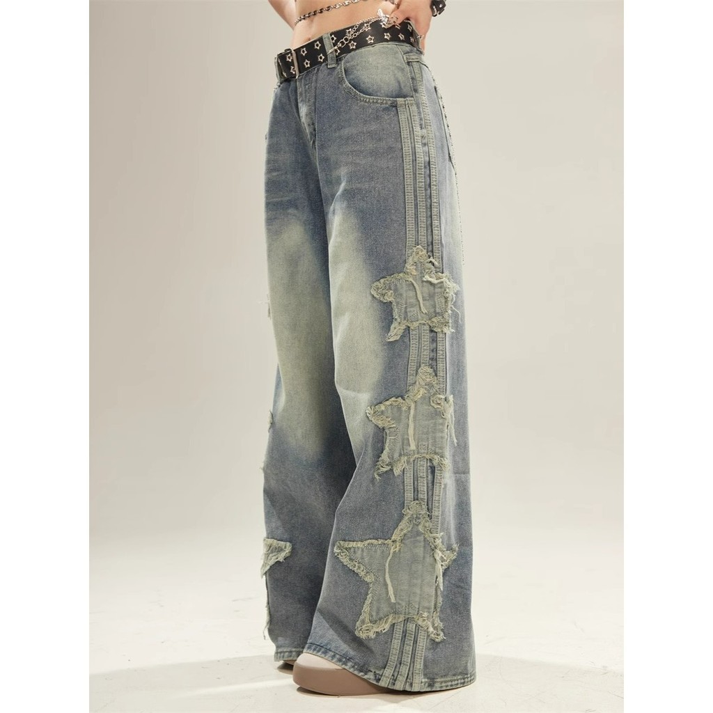 ลายดาวห้าแฉกกางเกงยีนส์อเมริกันกางเกงขาตรงผู้หญิงหลวมย้อนยุคกางเกงยีนส์ขากว้างผู้ชาย