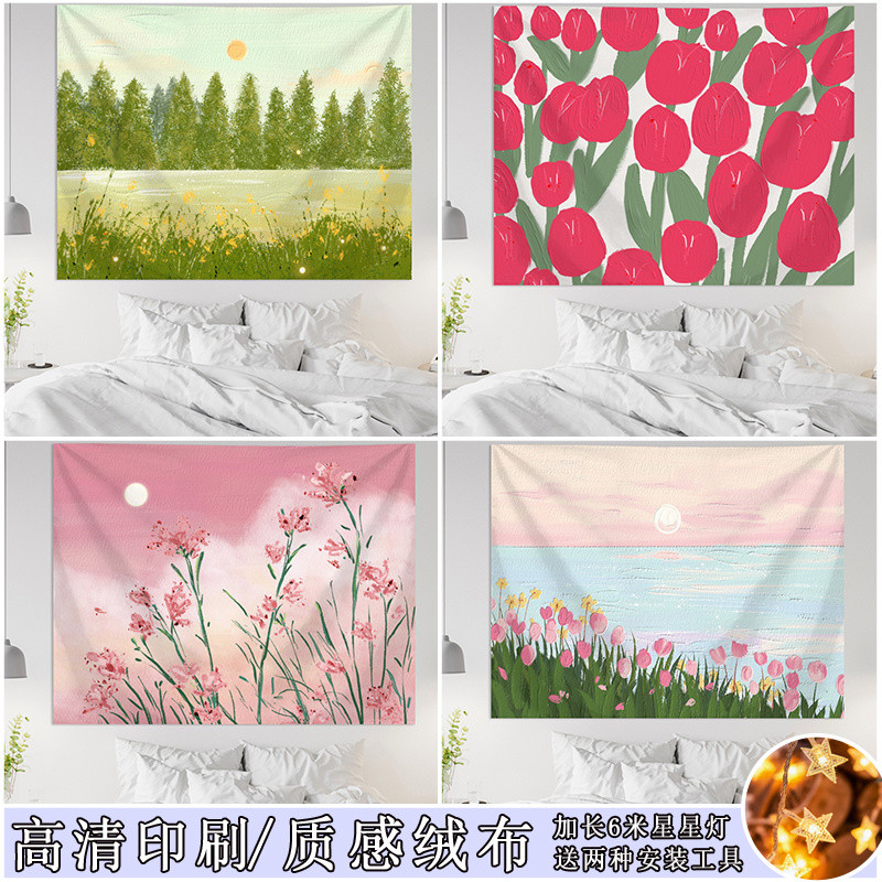[จัดส่งจากประเทศไทย] [เนื้อสักหลาด] ภาพวาดสีน้ำมันผ้าแขวนสไตล์ INS ผ้าพื้นหลังสดขนาดเล็กผ้าห่มข้างเตียงสำหรับบ้านเช่าผ้าสกปรกผ้าตกแต่งสด