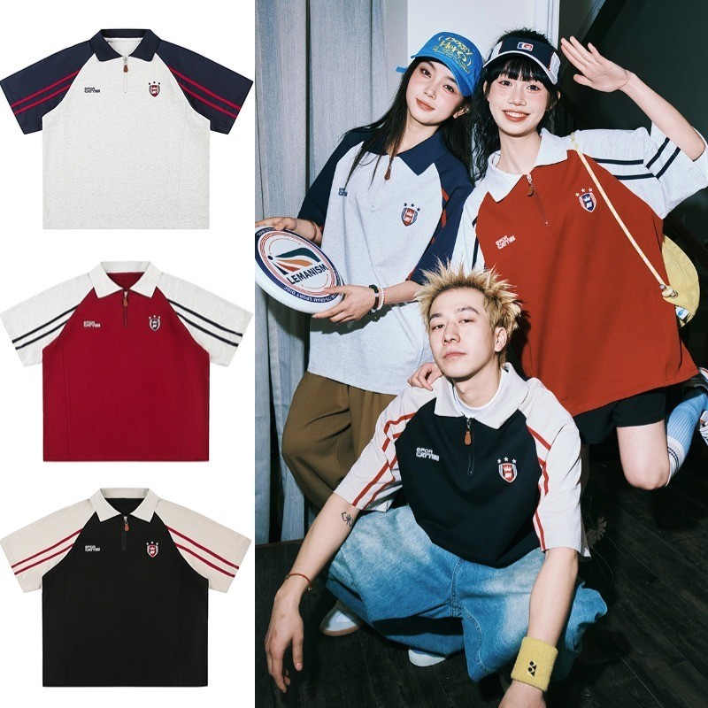 SUIKONE ซุยโคเนะ อเมริกันย้อนยุคความคมชัดสีเย็บครึ่งซิปเสื้อโปโลแขนสั้นฤดูร้อนผู้ชายและผู้หญิงผ้าฝ้ายบริสุทธิ์โปโลเสื้อ