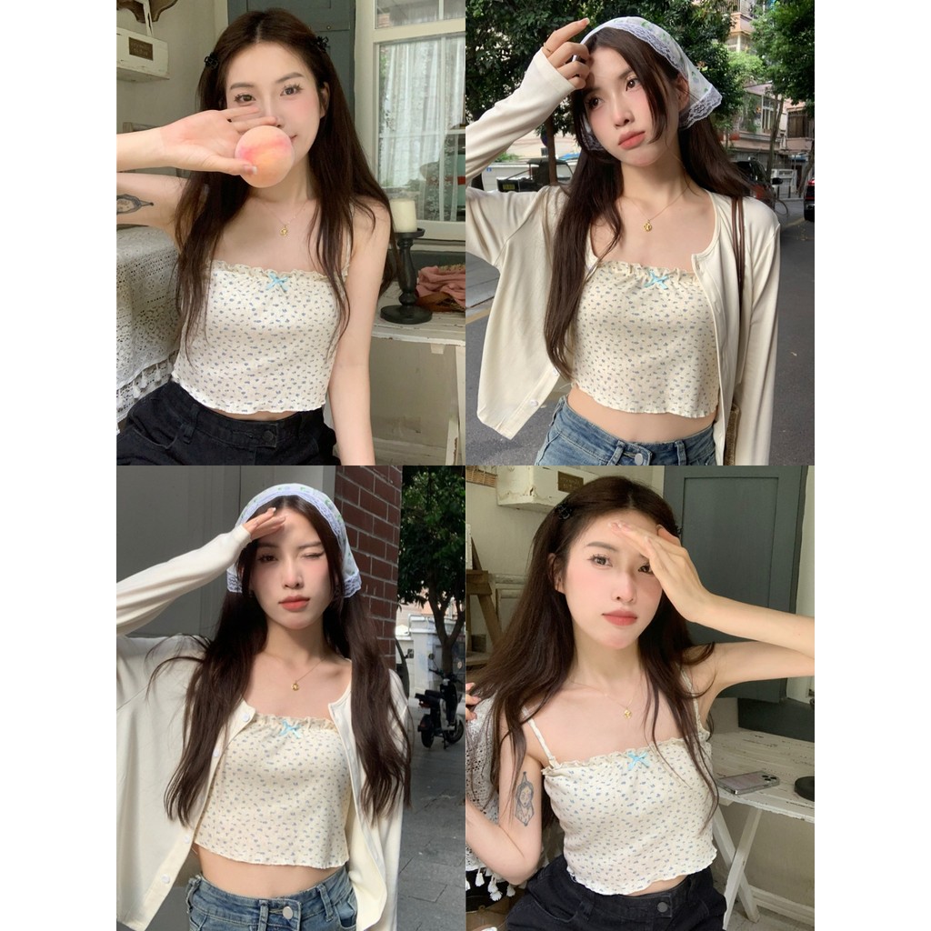 💖Miqi💖เสื้อสายเดี่ยว ไหมพรม ลายดอกไม้ แต่งโบว์ ผ้านิ่ม เสื้อครอป เกาหลี แฟชั่นฤดูร้อน น่ารัก#68143