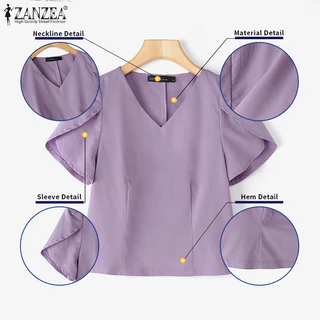 ZANZEA ผู้หญิงเกาหลี Elegant V คอกลีบแขนสีทึบเสื้อไม่สม่ําเสมอ