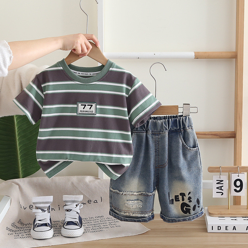 ใหม่เด็กชายหญิงเสื้อผ้าชุดทารกตัวหนาลายหมายเลข77เสื้อยืด+กางเกงขาสั้นผ้ายีนส์2ชิ้นชุดเด็กชุดลําลองเด็กเสื้อผ้าแฟชั่น