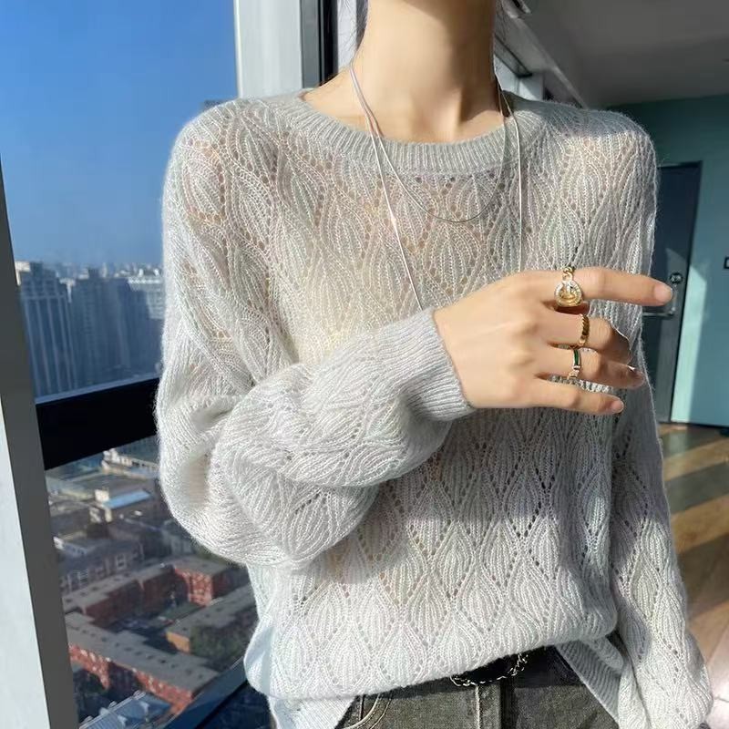 สไตล์วิลแลนด์กลวงร้อนขายเสื้อกันหนาวแขนยาว2025ต้นฤดูใบไม้ผลิรูปแบบใหม่บางรอบคอหลวมฐานถักเสื้อกันหนาว