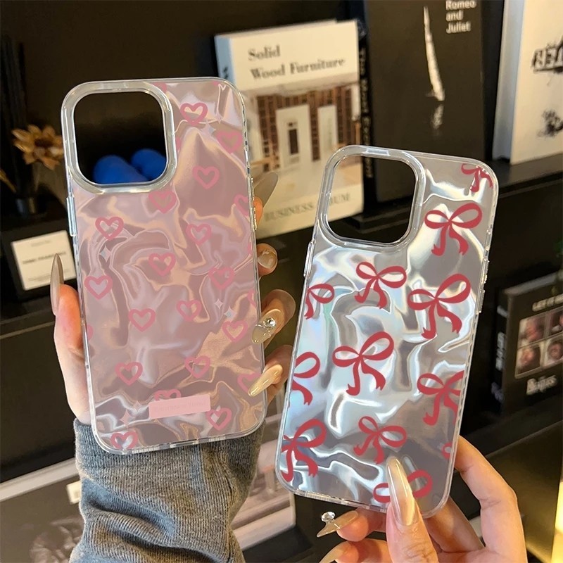 เต็มหน้าจอโบว์แฟชั่นเข้ากันได้เคสไอโฟน 16 11 13 15 12 14 ProMax XR 16 8 7Plus X XSMax 14 15PLUS หวานรักหัวใจเงาลูกฟูกเคส