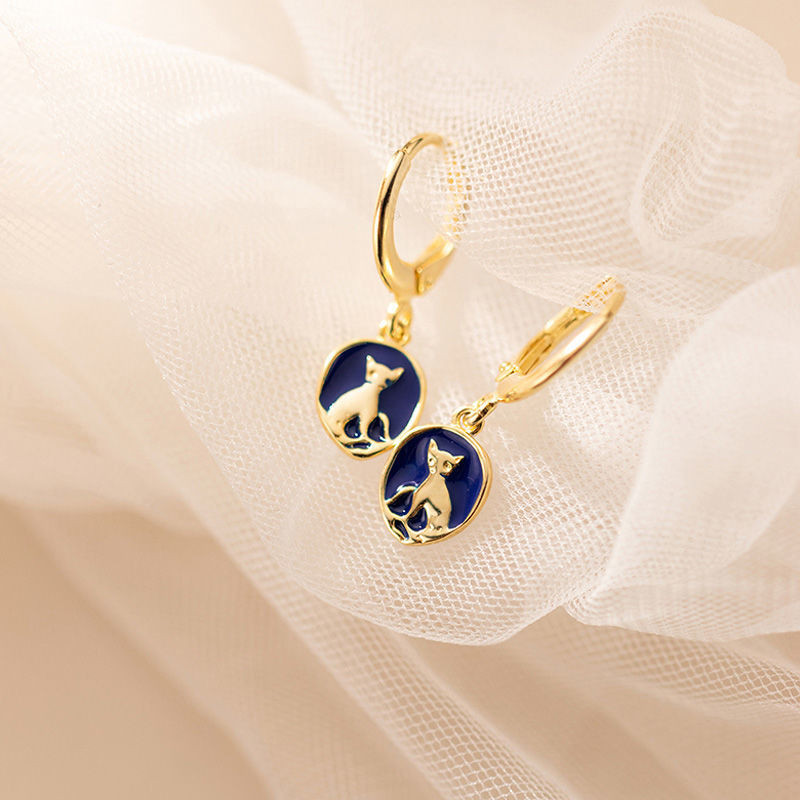 [GG] s925 เงินสเตอร์ลิง Retro Oil Dripping Blue Cat ต่างหู Blue Geometric Round Plate ต่างหูสุภาพสตรี