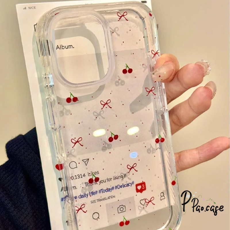 เคส เข้ากันได้กับ IPhone 15 13 16 11 14 12 Pro Max 8 7 14 15 Plus XR XS X Max SE 2020 เคสใสลายเชอร์รี่โบว์แดงสุดน่ารัก