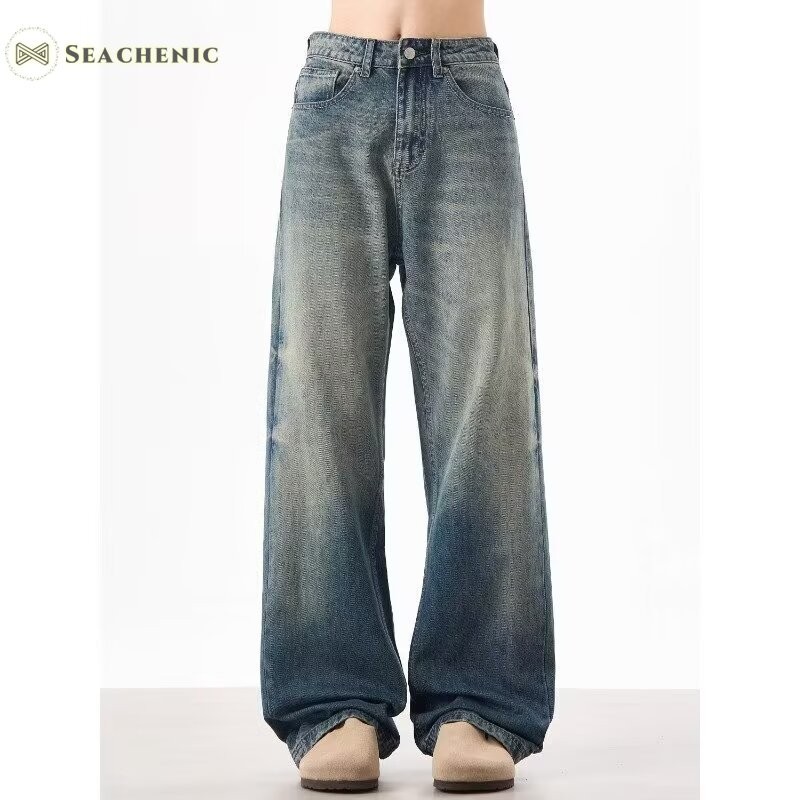 Seachenic Mens Washed Gradient Jeans New Retro Easy Matching Straight Pants