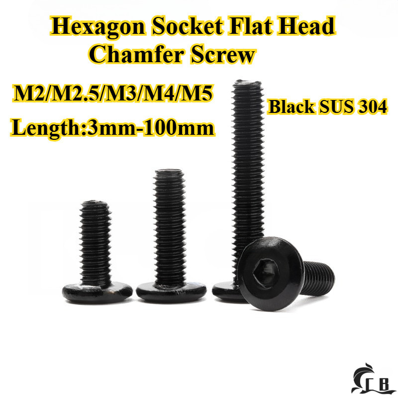 [CB-NLJLS] สีดํา SUS304 ซ็อกเก็ตหกเหลี่ยมหัวแบน Chamfer สกรู M2/M2.5/M3/M4/M5 Flat Head Chamfer Bolt, ความยาว 3 มม.-100 มม., สกรูเฟอร์นิเจอร์