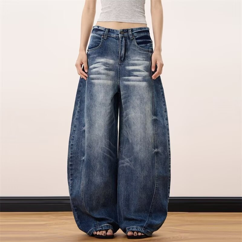 TIANLESIWEI กางเกงยีนส์เดนิมวินเทจทรงหลวมเอวสูงสําหรับทั้งชายและหญิง