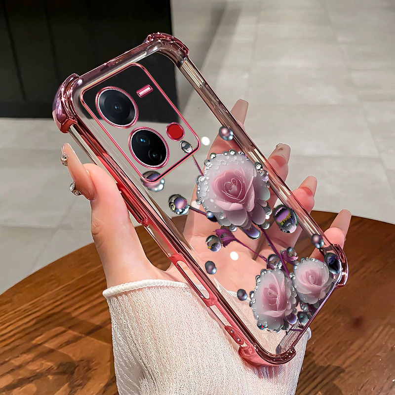 สําหรับVIVO v25 PRO 5G v25e 4G V23E v20 v21e 4G V20SEเคสโทรศัพท์ดอกไม้สีชมพูBudสี่มุมซิลิโคนTPUโปร่ง