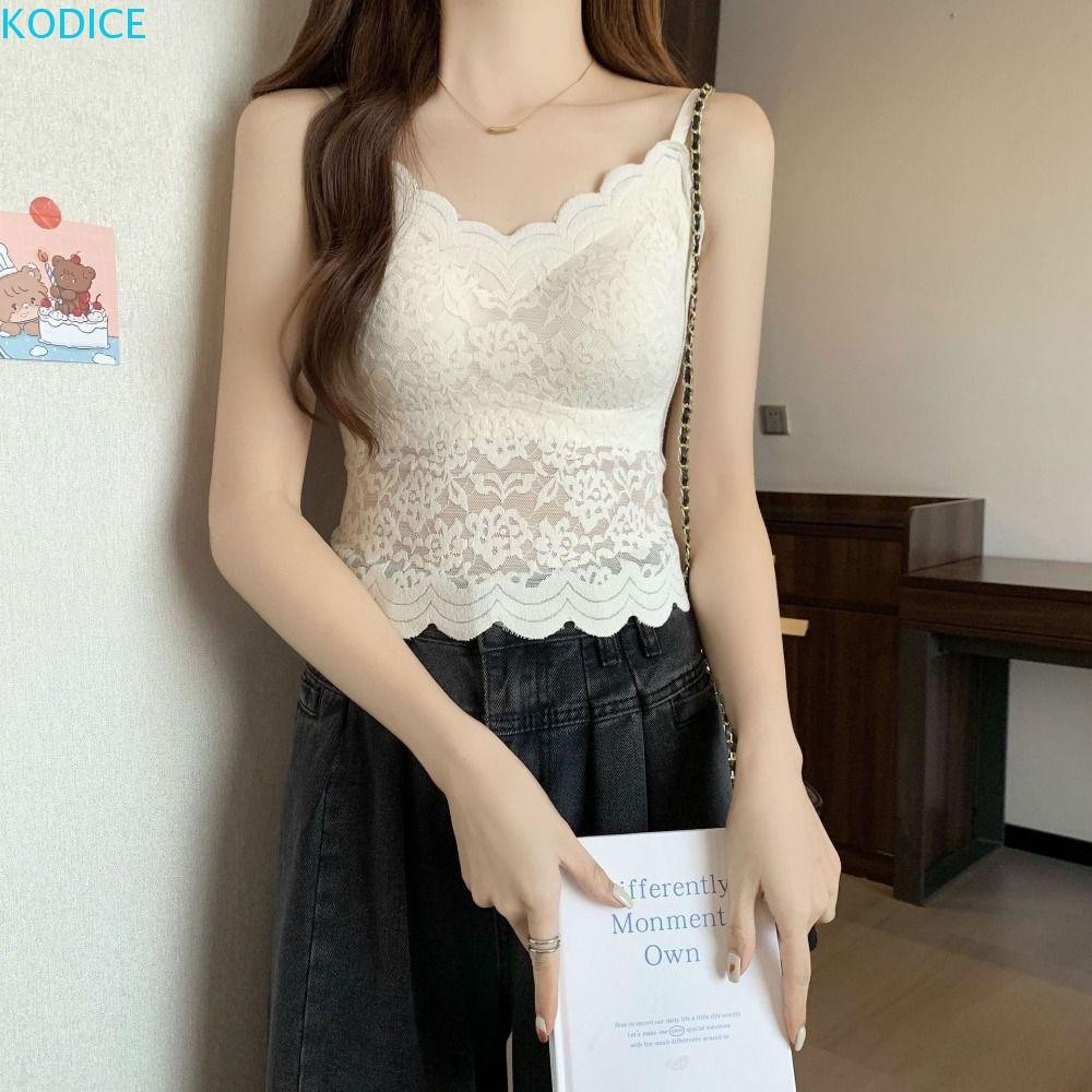 KODICE รัดตัวผ้าไหมน้ําแข็ง, Slim Fit พร้อมเบาะหน้าอกผ้าไหมน้ําแข็งลูกไม้ Camisole, Ins แฟชั่น Non Trace แขนกุดสีทึบ Suspender เสื้อกั๊กสุภาพสตรี