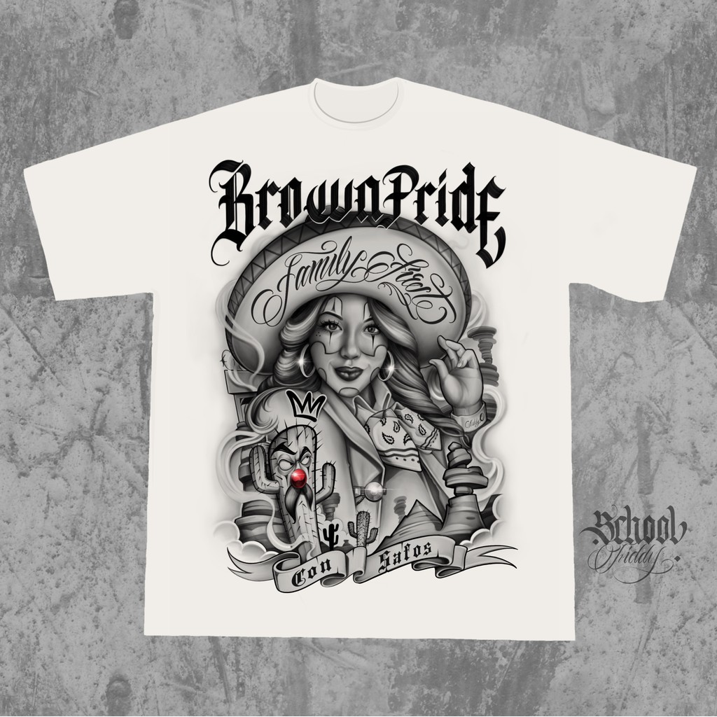 พร้อมสต็อกสไตล์ใหม่ BrownPride West Coast Chicano เสื้อยืดแขนสั้นสไตล์เม็กซิกัน American Street Hip-Hop ชาย Retro อินเทรนด์