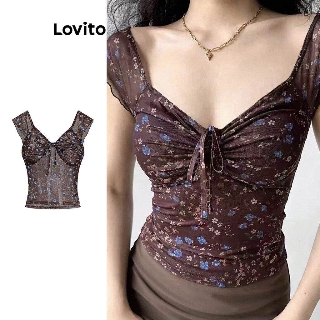 Lovito เสื้อยืดลายดอกไม้หรูหราสำหรับผู้หญิง LAD106270