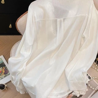 mimi&didi#เสื้อเบลาส์ทรงหลวม เย็บลูกไม้เซ็กซี่ เสื้อเชิ้ตแขนยาว สไตล์เรียบง่าย คุณภาพสูง ดีไซน์สองชิ้นปลอม ผู้หญิง#W509
