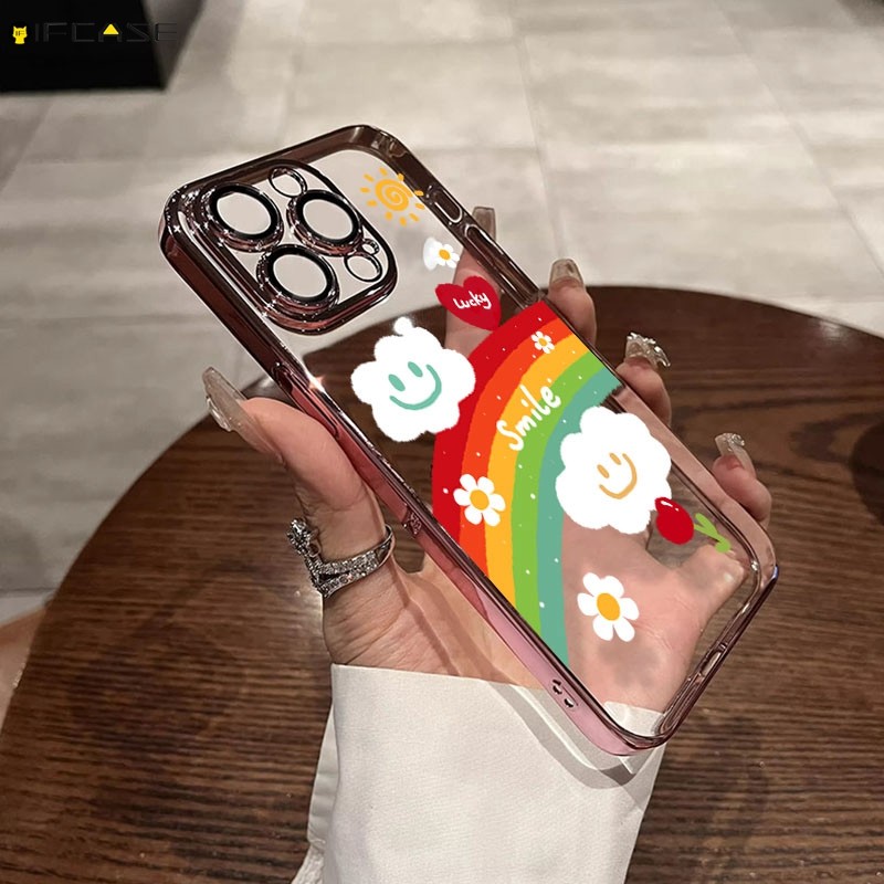 สําหรับ Huawei Nova Y91 Y90 Y71 Y70 Plus Y61 7 5 5i Pro 6 SE 7i 5T 4e 3 3i เคสโทรศัพท์ Rainbow สีขาวเมฆดอกไม้ทิวลิปยิ้มน่ารักการ์ตูนชุบปลอกอ่อนกรณีฝาหลัง