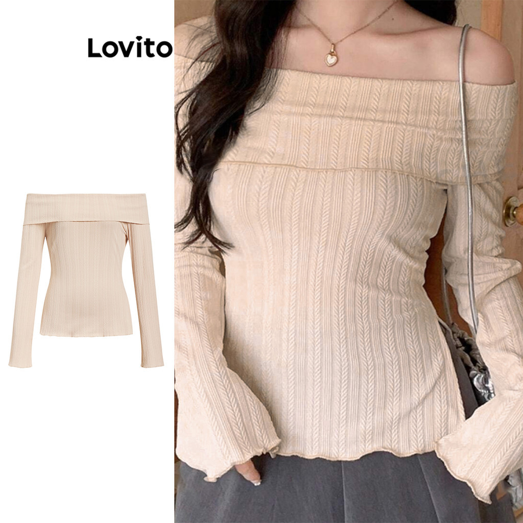 Lovito เสื้อยืดไหล่เย็นสบาย ๆ สำหรับผู้หญิง L95ED393