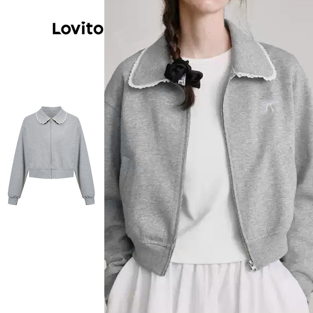 Lovito เสื้อแจ็คเก็ตคอปกคอนทราสต์ธรรมดาน่ารักสำหรับผู้หญิง L102AD427