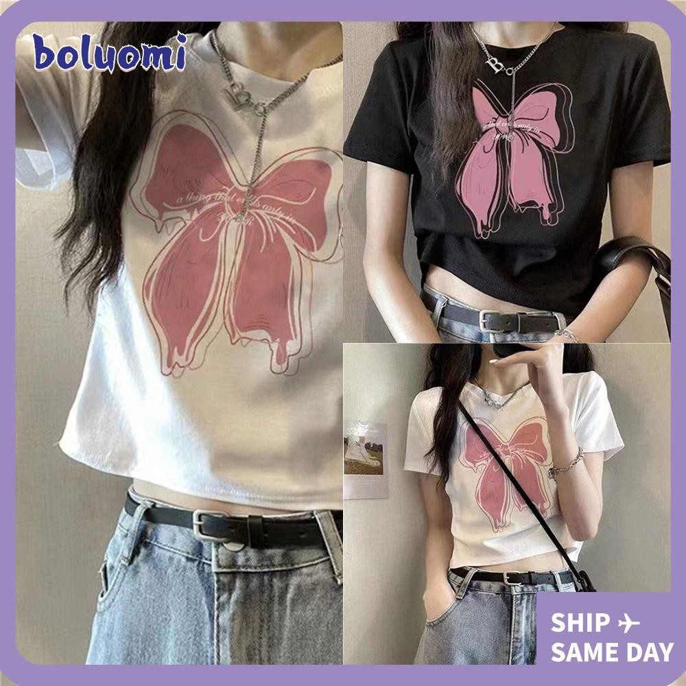 เสื้อยืดผู้หญิง BOLUOMI แขนสั้นระบายอากาศทรงเข้ารูป แฟชั่น O-neck Small Niche Simple Style Short Top