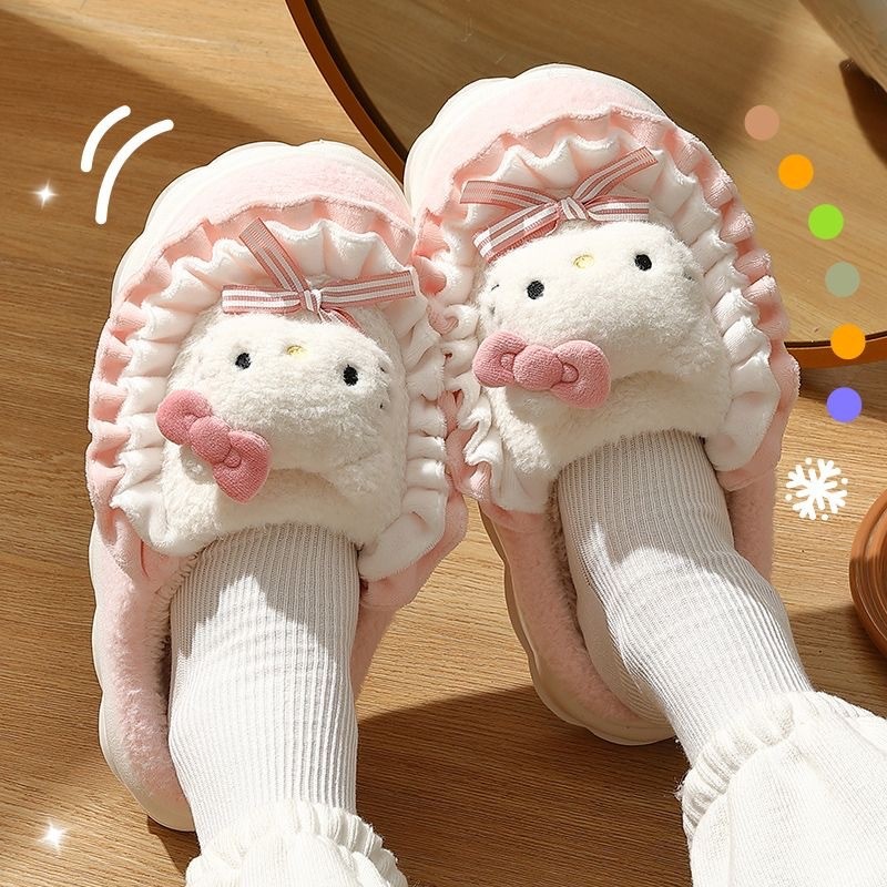 Hello Kitty รองเท้าแตะ ขนนุ่ม Fluffy พื้นหนา กันลื่น สบาย เบา ฤดูหนาว ผ้าฝ้าย รองเท้าบ้าน น่ารัก ส่งฟรี พร้อมส่ง
