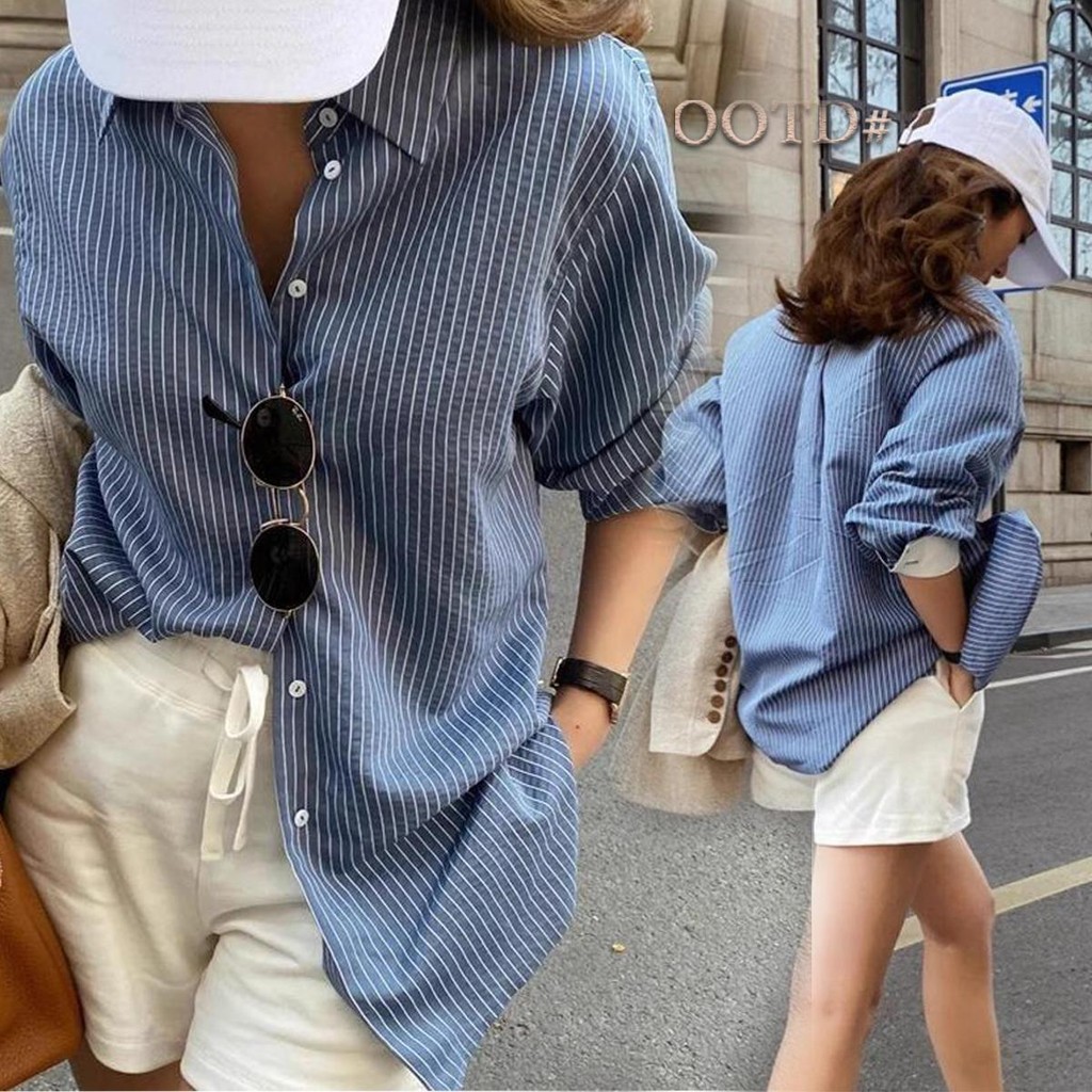 DO#เสื้อเชิ้ตแขนยาว oversize shirt ลายทางแนวตั้ง ทรงหลวม แฟชั่นฤดูใบไม้ร่วง สไตล์ใหม่ สําหรับผู้หญิง