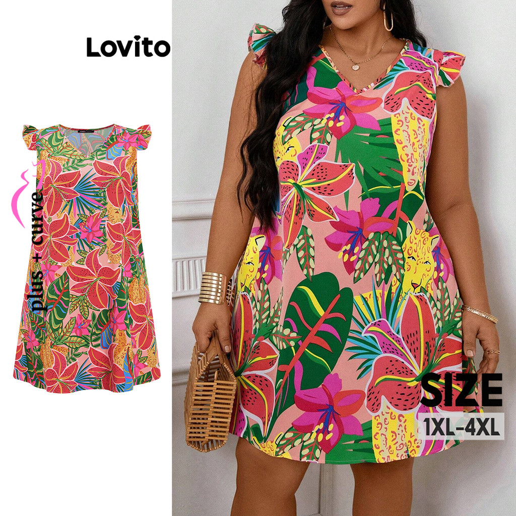 Lovito พลัสขนาดโค้งโบโฮลายครุยเขตร้อนแต่งตัวสำหรับผู้หญิง LBL17701