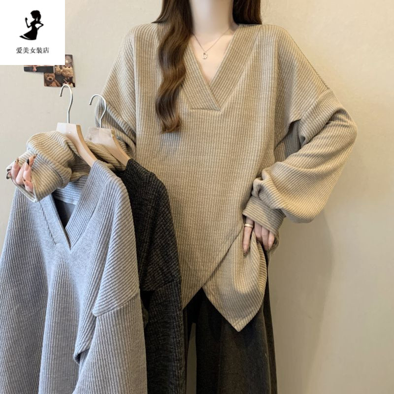 Fast Shipping ขนาดใหญ่ Textured Pit Strip Cross Design แขนยาวผู้หญิง 2024 ใหม่หลวม Slimmer ดู Bottoming เสื้อ