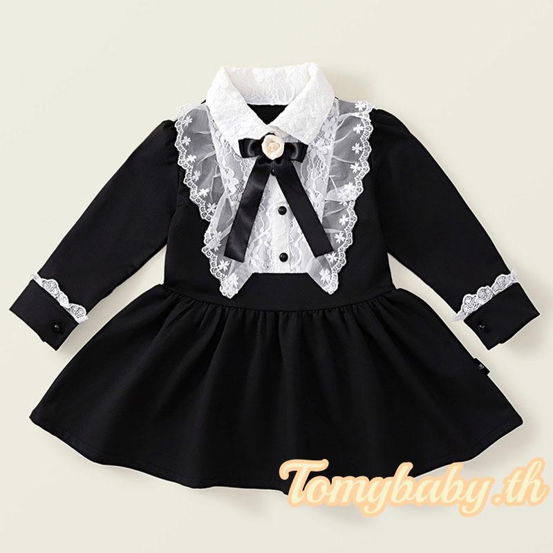 Tomybaby-ชุดเดรสเด็กผู้หญิง เจ้าหญิง แขนยาว ลูกไม้ เดรสทรงเอ เดรสลำลองสำหรับฤดูใบไม้ร่วง