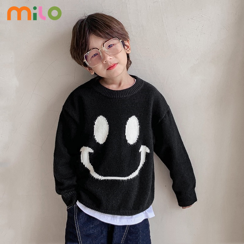 Milo เสื้อกันหนาวเด็กผู้ชาย สไตล์เกาหลี ลายหน้ายิ้ม คอกลม สักหลาด สําหรับฤดูใบไม้ร่วง และฤดูหนาว สะดวกสบายและอบอุ่น