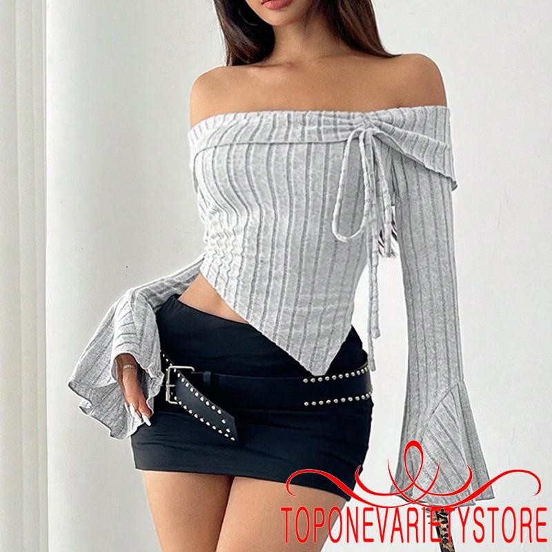Topone-ผู้หญิงสายรัดถักเสื้อยืดหน้าอกพับยาวแขนระฆังสลิมฟิตเสื้อครอปลําลอง