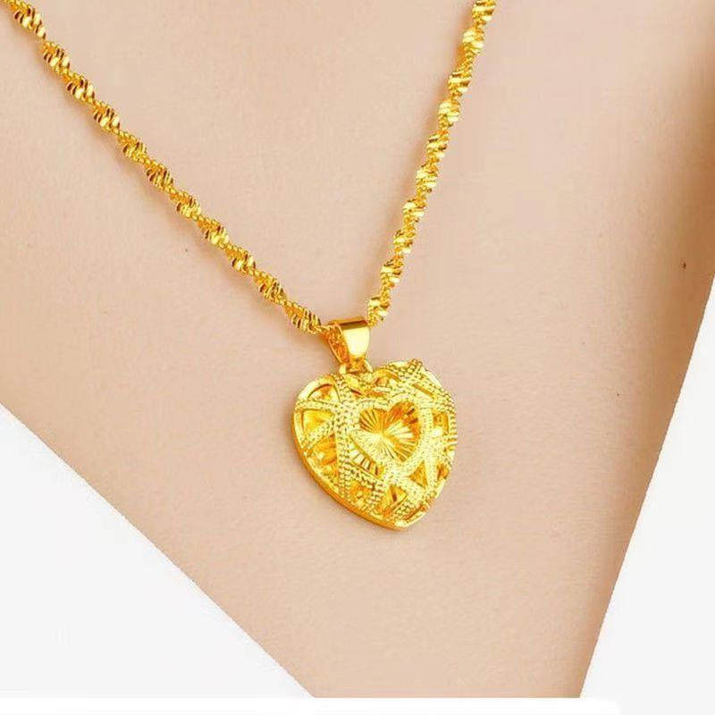 2024 สไตล์ใหม่ทองแดง Gold-Plated Love Heart Rose สร้อยคอใหม่จีน Retro สไตล์ชาติพันธุ์สองด้านพีชหัวใจ Four-Leaf Clover Hollow จี้น้ํา Wave Chain แฟชั่น Light Lux