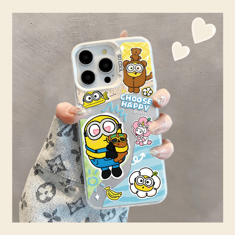 Minions casing สำหรับ iPhone 16 15 14 13 12 11 Pro Plus MAX x XR XS MAX border พิมพ์ All-Inclusive fullcover กันกระแทก Case