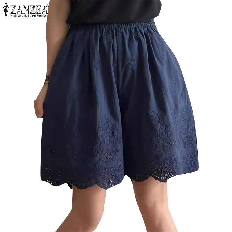 ZANZEA ใส่ ซานเซีย ผู้หญิงเกาหลีสบายๆวันหยุดเอวยางยืดหลวมกระเป๋าด้านข้างกางเกงขาสั้น