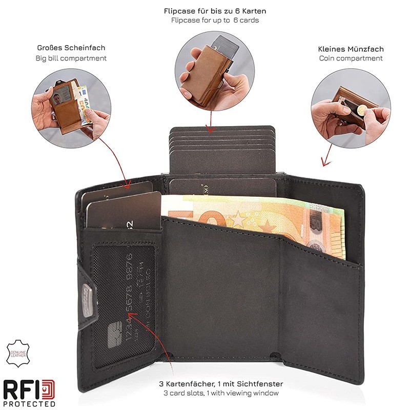 กระเป๋าใส่บัตรสำหรับผู้ชาย หนังแท้ RFID ป้องกันการโจรกรรมแปรงป้องกันแม่เหล็ก กล่องอลูมิเนียม ผู้ถือบัตรเครดิตแฟชั่น