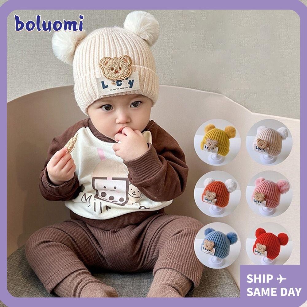 โบลูโอมิ 0-3ปี เด็กถักหมวก,สีทึบตุ๊กตาบอลหมวกฤดูหนาว, กันลม การ์ตูนนุ่มน่ารักเด็กหมวกอบอุ่นชายหญิง