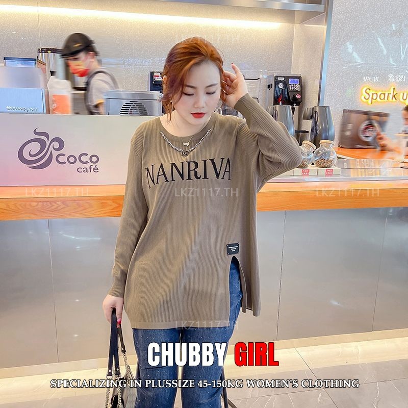 Plus size เสื้อผ้าสาวอวบ เสื้อยืดสาวอวบอ้วน ไซส์ใหญ่ ผู้หญิง ทรงหลวม แขนยาว คอกลม พิมพ์ แยก ฤดูใบไม้ผลิ สไตล์เกาหลีแฟชั่น
