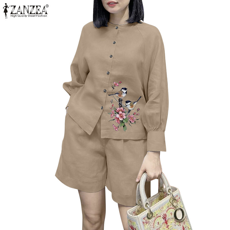 ZANZEA ซานเซีย ผู้หญิงเกาหลีลําลองรอบคอพิมพ์แขนยาวด้านบนกางเกงขาสั้นขากว้างชุด