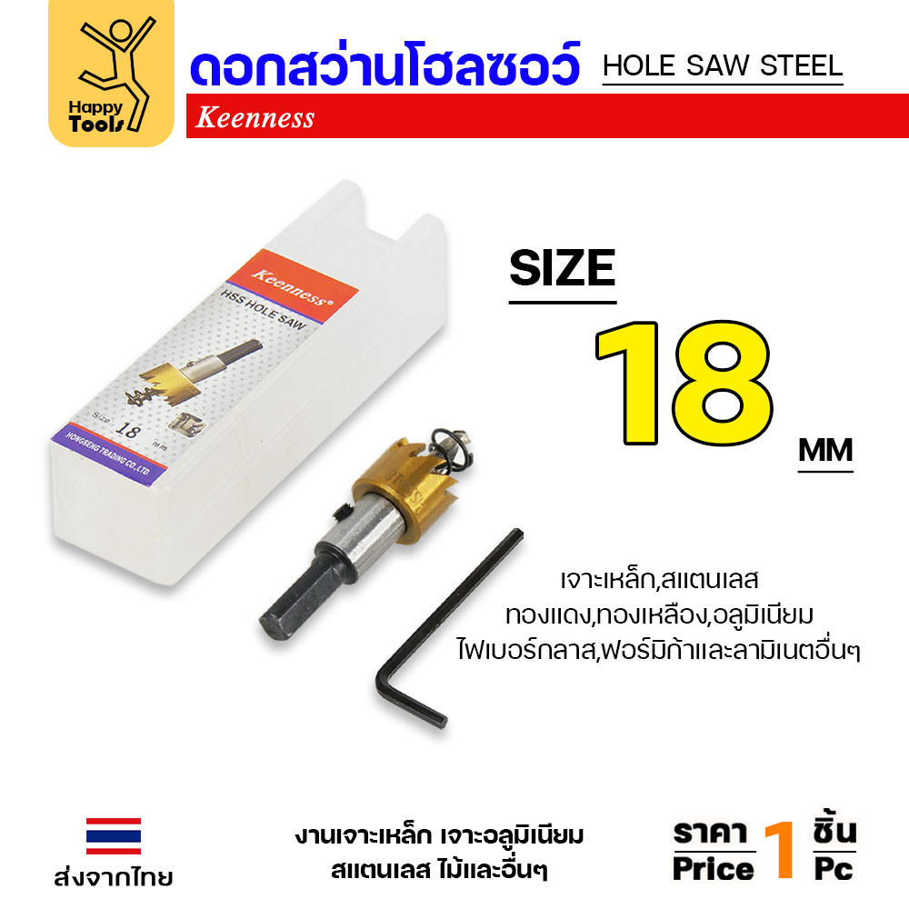 Keenness โฮลซอ รู18มม เกรดHSSแท้ชุบไทเทเนียมแท้ สำหรับเจาะเหล็ก สแตนเลส อลูมิเนียม กล่องไม้ กล่องไฟ