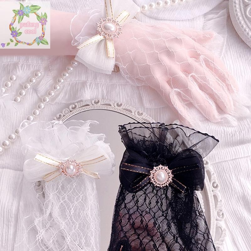 Pucool สาวสีดําสีขาวถุงมือลูกไม้สาว Lolita ตาข่ายโบว์ดอกไม้ถุงมือลูกไม้ฤดูร้อน TH