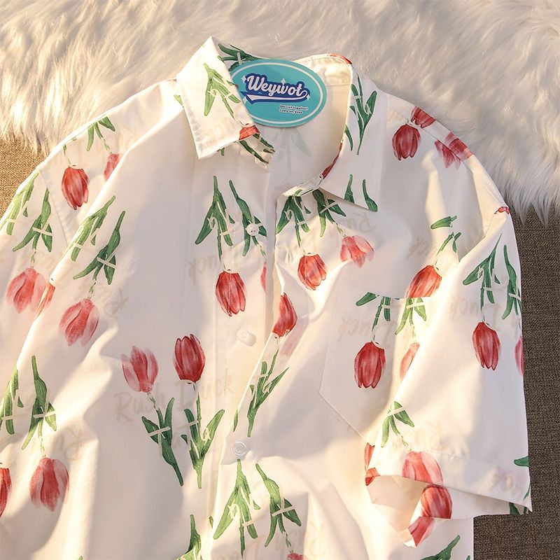 Weywot Japanese Tulip Chic Short-Sleeved Shirt ผู้ชายผู้หญิง Niche Design All-Match เสื้อกันแดด