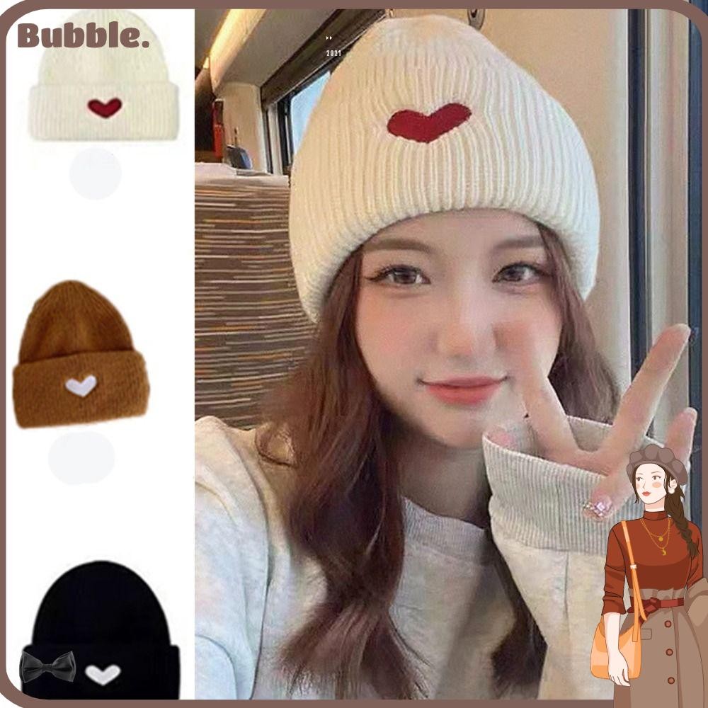 ฟอง หมวกถักฤดูหนาว, เย็บปักถักร้อยหัวใจหมวกบีนนี่หนาอบอุ่น, สบายๆ กันลม นุ่มสีทึบโครเชต์ ฝากระโปรง หมวก