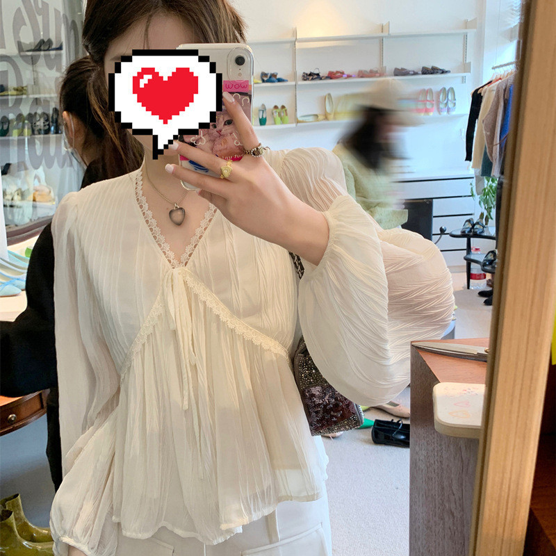 เสื้อยืดคอวีแขนยาวผ้าชีฟองเย็บสายไขว้สำหรับผู้หญิง