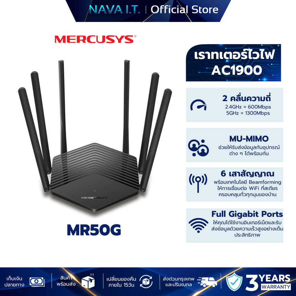 MERCUSYS MR50G AC1900 WIRELESS DUAL BAND 6 เสาสัญญาณประสิทธิภาพสูง