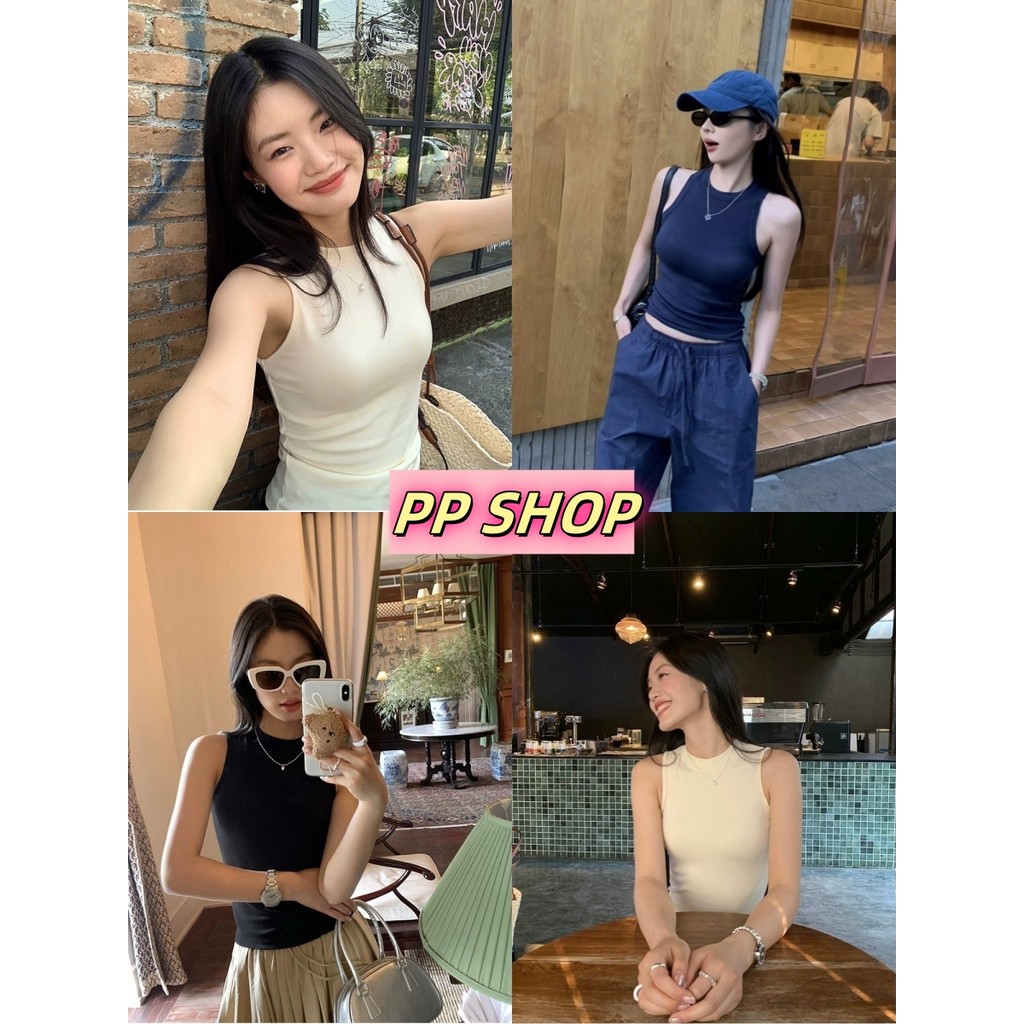 PP shop ​​พร้อมส่ง เสื้อกล้าม สีพื้น มีฟองน้ำ สไตล์ลำลอง ใส่สบาย เสื้อแขนกุด คอกลม ผ้าร่อง ทรงสวย แฟชั่นฤดูร้อน#FY303