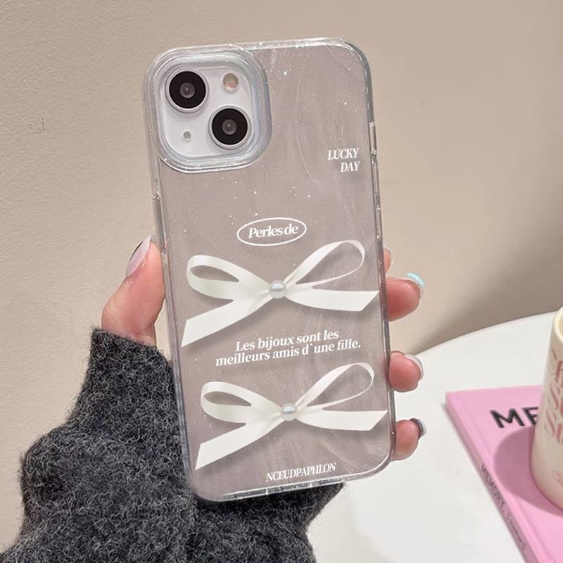 Poppa จากประเทศไทย เคส ไอโฟน ขนนกสีเงิน โปร่งใสและสว่าง วิจิตร Flash สำหรับiPhone11 15 12 14 13 Pro Max 14P/15P โบว์