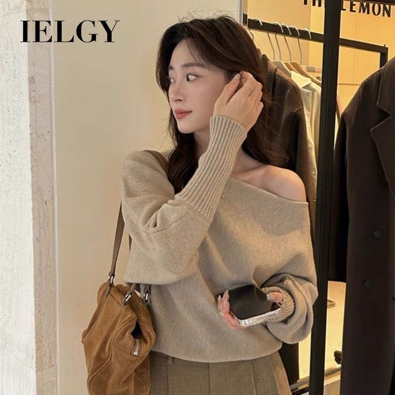 IELGY เสื้อสเวตเตอร์นุ่มเปิดไหล่สีทึบสําหรับผู้หญิง